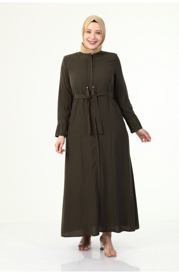 YAKASI VE KOLU DANTEL DETAYLI BÜYÜK BEDEN YAZLIK FERACE - HAKİ