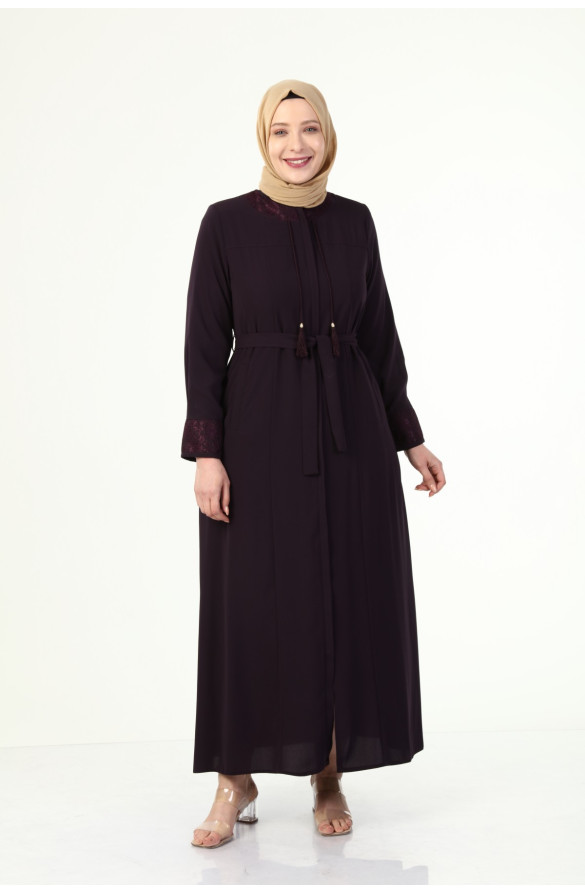 YAKASI VE KOLU DANTEL DETAYLI BÜYÜK BEDEN YAZLIK FERACE - MÜRDÜM