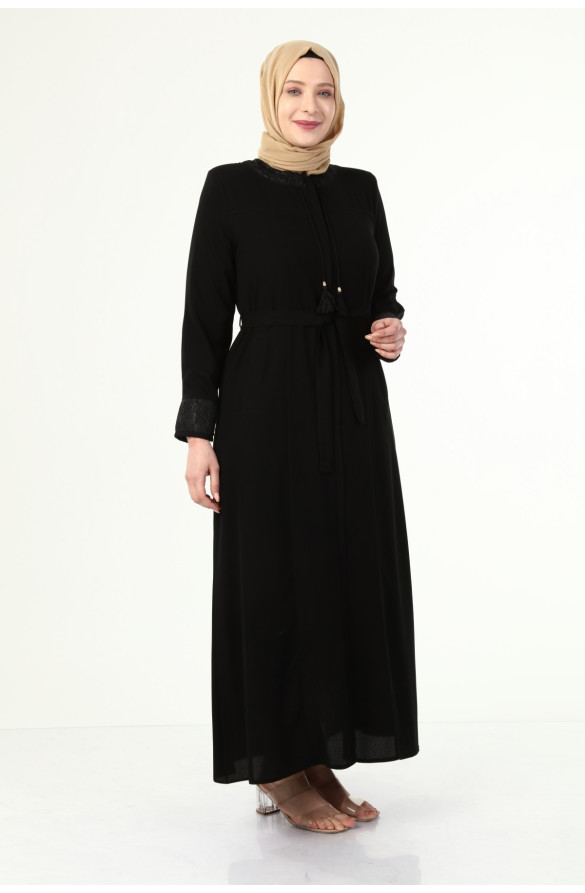 YAKASI VE KOLU DANTEL DETAYLI BÜYÜK BEDEN YAZLIK FERACE - SİYAH
