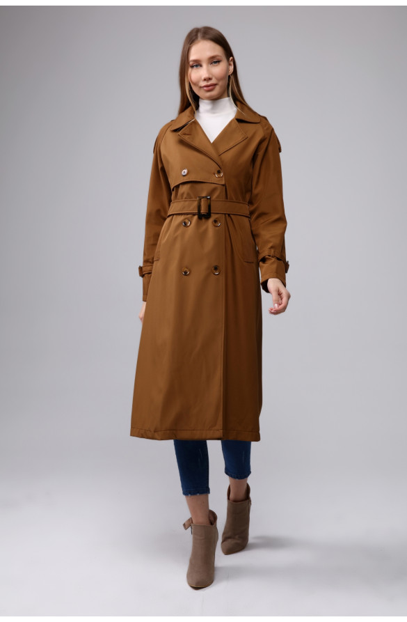 Jamila Reglan Kol Mevsimlik Astarlı Uzun Trençkot - TABA