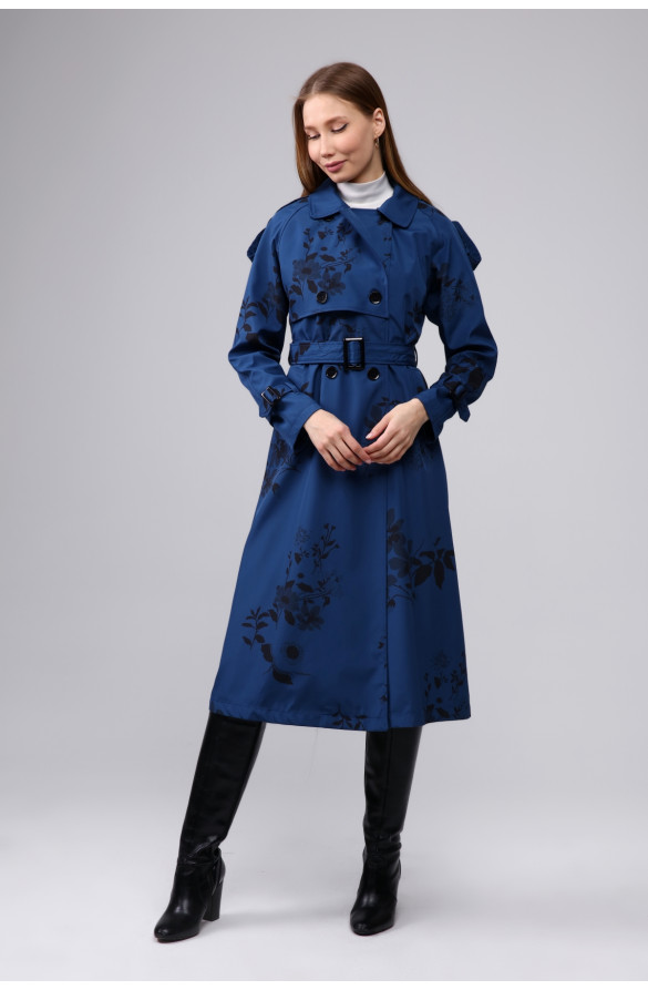 Çiçek Desenli Astarlı Uzun Kadın Trençkot - İNDİGO