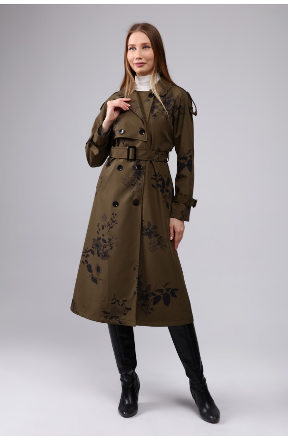 Çiçek Desenli Astarlı Uzun Kadın Trençkot - HAKİ