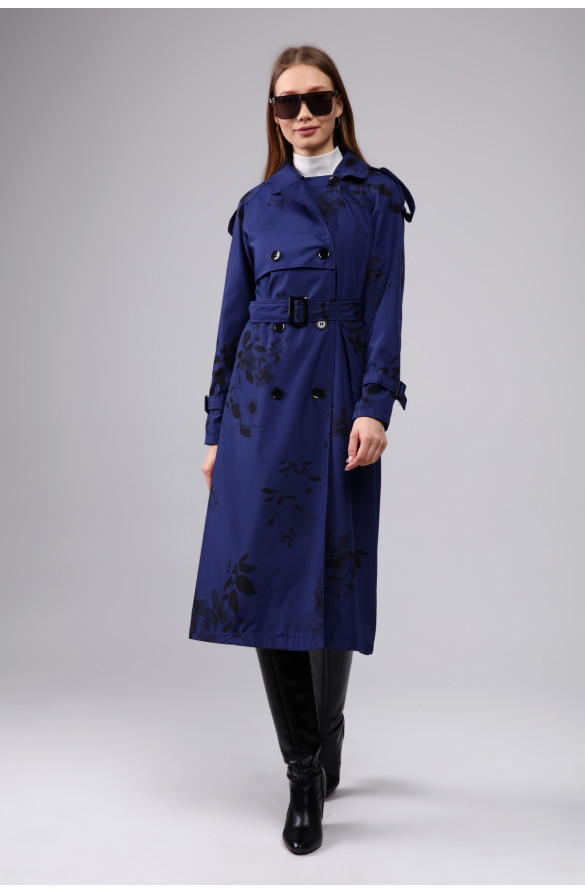 Çiçek Desenli Astarlı Uzun Kadın Trençkot - LACİVERT