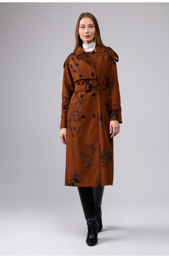 Çiçek Desenli Astarlı Uzun Kadın Trençkot - TABA