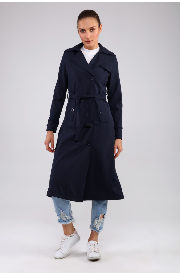 JAMİLA MEVSİMLİK ASTARLI UZUN TRENÇKOT - LACİVERT