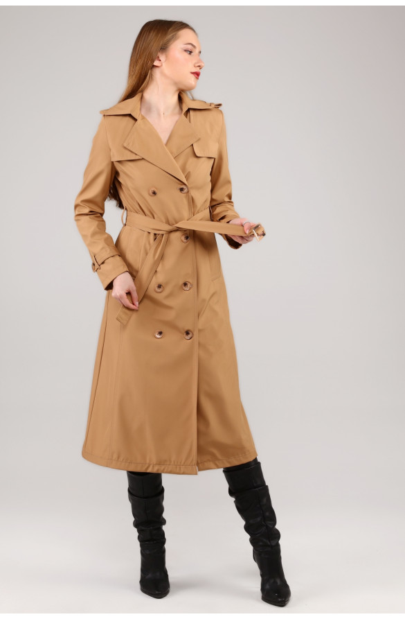Kadın Astarlı Uzun Trençkot - KAMEL