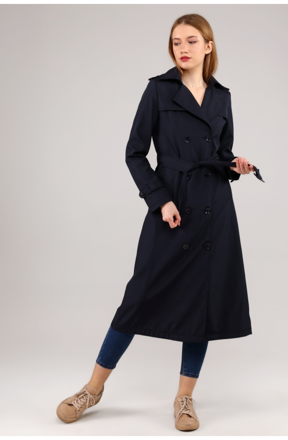 Kadın Astarlı Uzun Trençkot - LACİVERT
