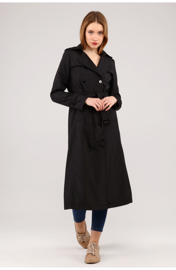 Kadın Astarlı Uzun Trençkot - SİYAH