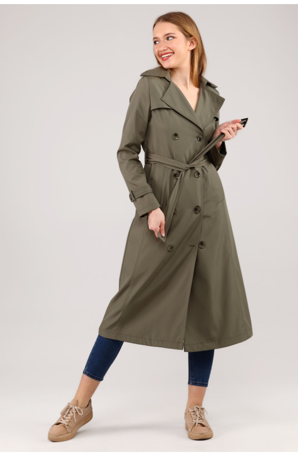 Kadın Astarlı Uzun Trençkot - HAKİ