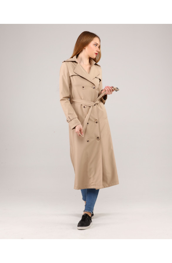 Kadın Astarlı Uzun Trençkot - BEJ