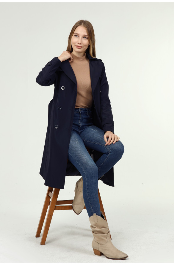 Jamila Orta Boy Kadın Astarlı Trençkot- LACİVERT