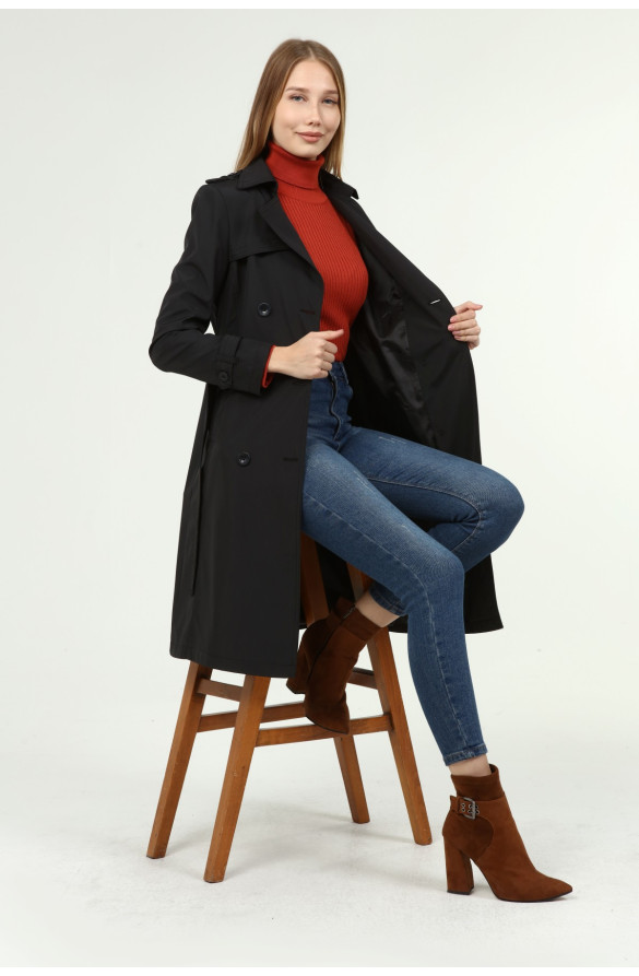 Jamila Orta Boy Kadın Astarlı Trençkot- SİYAH