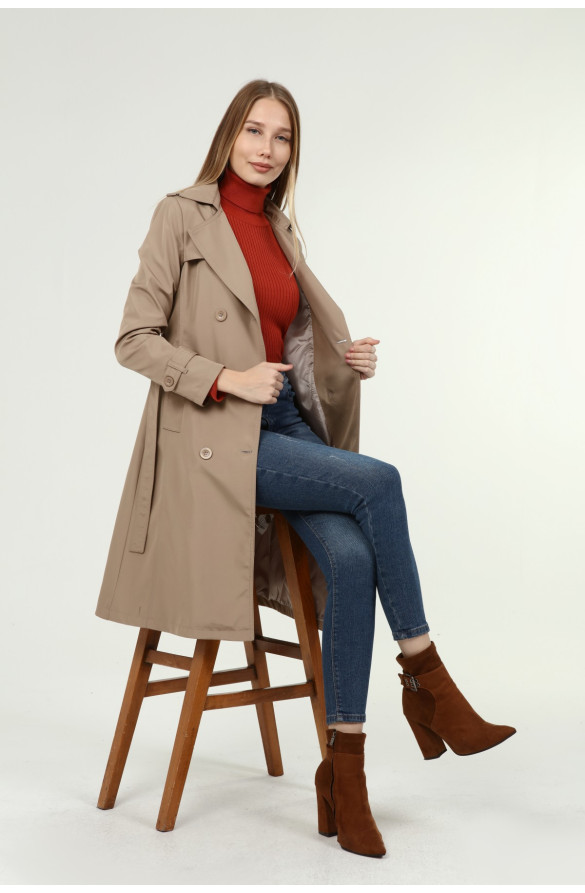 Jamila Orta Boy Kadın Astarlı Trençkot- VİZON