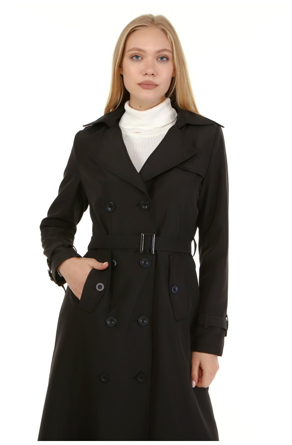 JAMİLA MEVSİMLİK ASTARLI UZUN TRENÇKOT - SİYAH