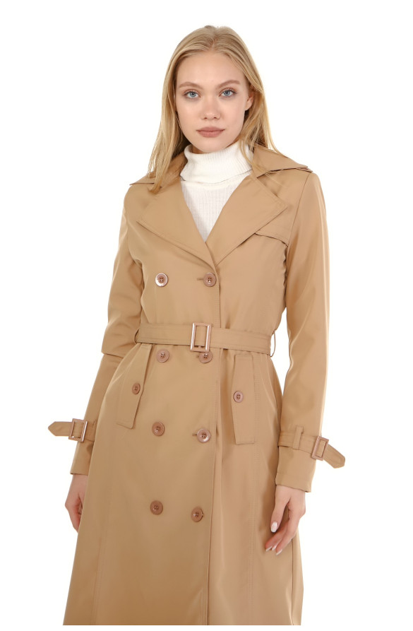 JAMİLA MEVSİMLİK ASTARLI UZUN TRENÇKOT - KAMEL