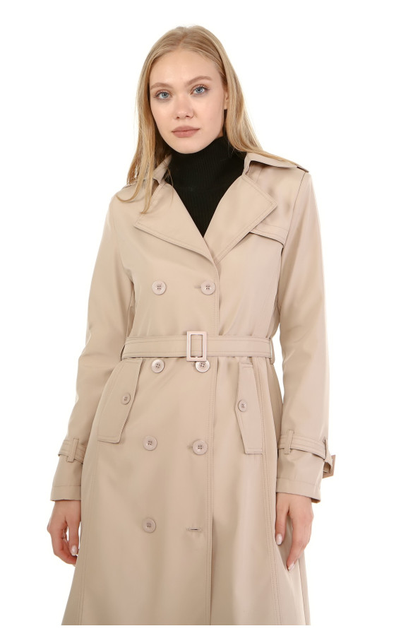 JAMİLA MEVSİMLİK ASTARLI UZUN TRENÇKOT - BEJ