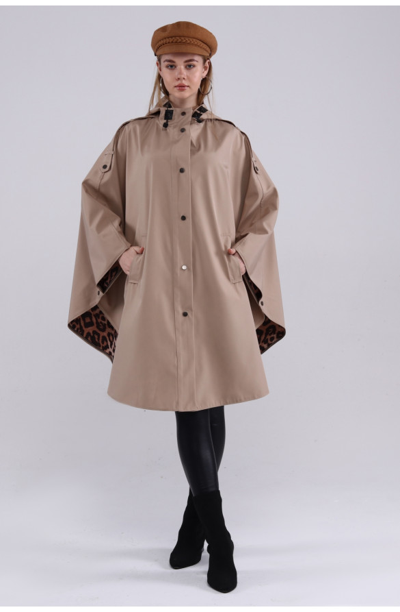 JAMİLA OVERSİZE KAPÜŞONLU MEVSİMLİK PANÇO - BEJ