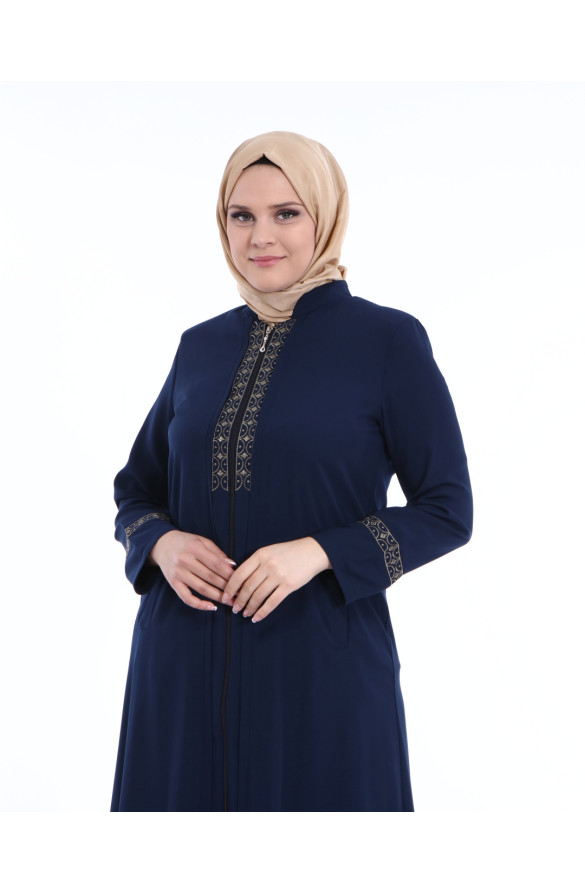 NAKIŞLI FERMUARLI BÜYÜK BEDEN FERACE - LACİVERT