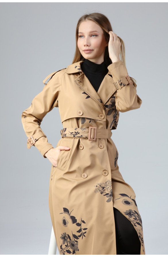Çiçek Desenli Astarlı Uzun Kadın Trençkot - KAMEL