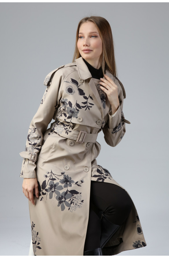 Çiçek Desenli Astarlı Uzun Kadın Trençkot - BEJ