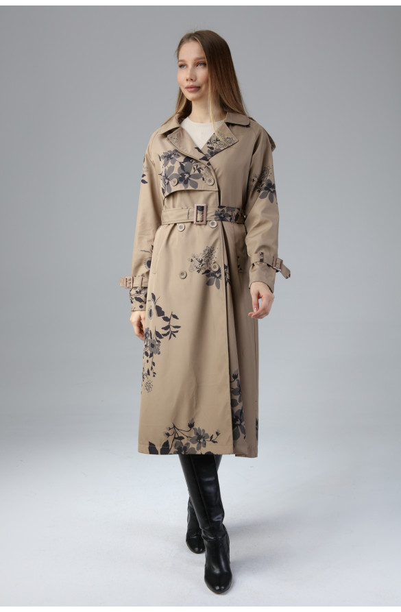 Çiçek Desenli Astarlı Uzun Kadın Trençkot - KOYU BEJ