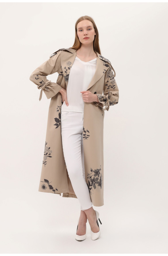 JAMİLA ÇİÇEK DESENLİ PAMUKLU MEVSİMLİK TRENÇKOT - BEJ