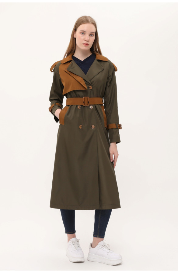 JAMİLA İKİ RENKLİ KADIN MEVSİMLİK TRENÇKOT/KAP - HAKİ