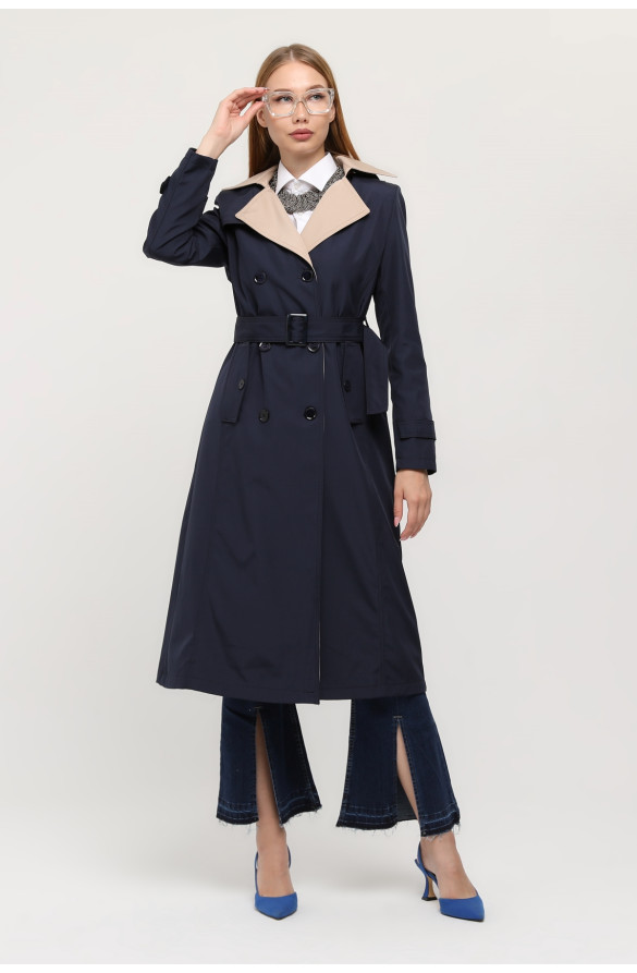 1. KALİTE BONDİT KUMAŞ ÇİFT RENKLİ İÇİ ASTARLI MEVSİMLİK KADIN TRENÇKOT - LACİVERT