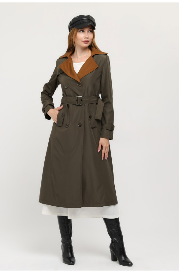 1. KALİTE BONDİT KUMAŞ ÇİFT RENKLİ İÇİ ASTARLI MEVSİMLİK KADIN TRENÇKOT - HAKİ