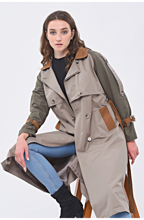 ÜÇ RENKLİ UZUN MEVSİMLİK ASTARLI TRENÇKOT/KAP - VİZON