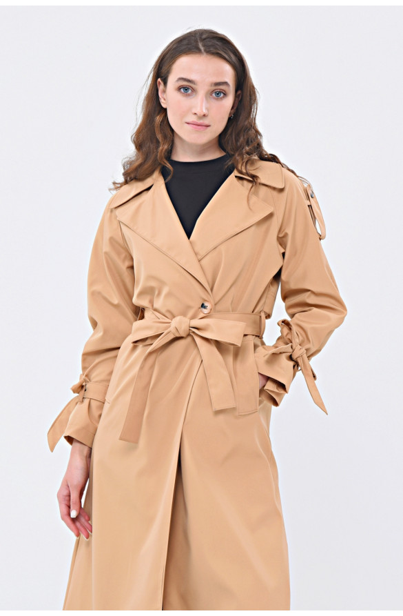 JAMİLA TEK DÜĞMELİ REGLAN KOL UZUN MEVSİMLİK ASTARLI TRENÇKOT - KAMEL