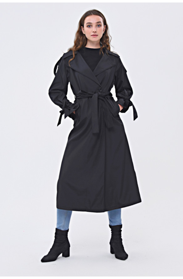 JAMİLA TEK DÜĞMELİ REGLAN KOL UZUN MEVSİMLİK ASTARLI TRENÇKOT - SİYAH