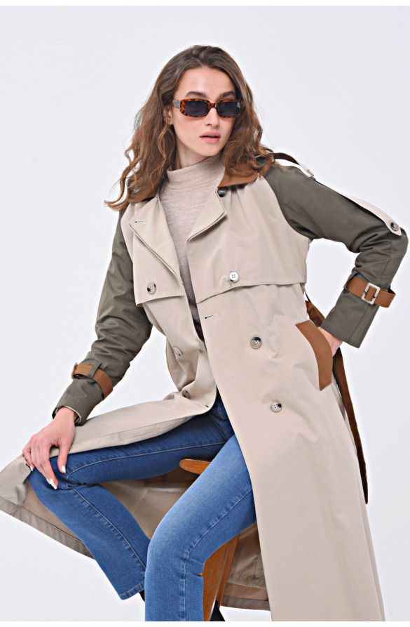 ÜÇ RENKLİ UZUN MEVSİMLİK ASTARLI TRENÇKOT/KAP - BEJ