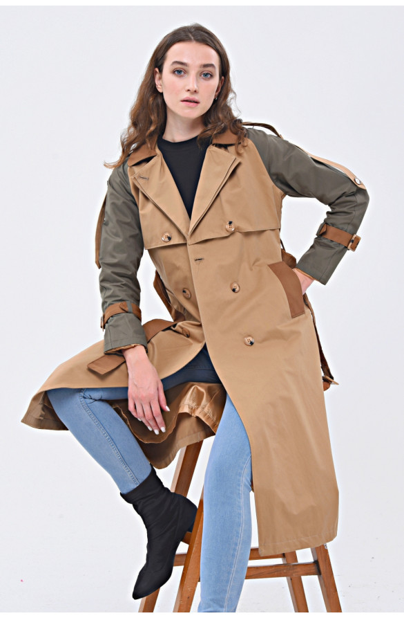 ÜÇ RENKLİ UZUN MEVSİMLİK ASTARLI TRENÇKOT/KAP - KAMEL