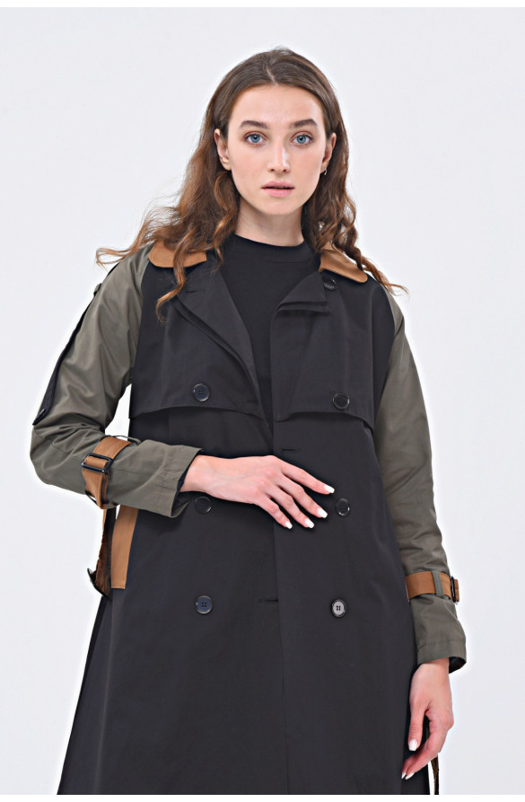 ÜÇ RENKLİ UZUN MEVSİMLİK ASTARLI TRENÇKOT/KAP - SİYAH