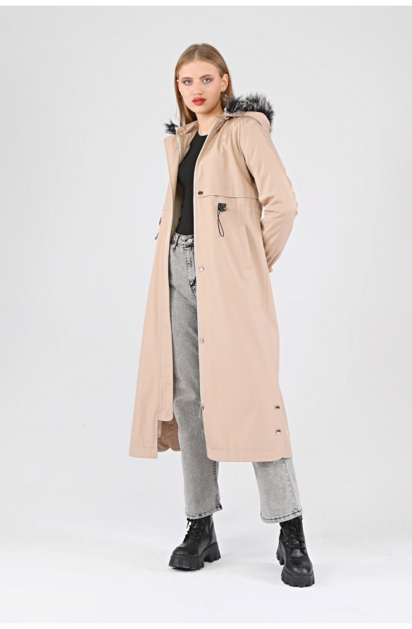 Kışlık Uzun Kadın Kürklü Kapüşonlu Trençkot - BEJ