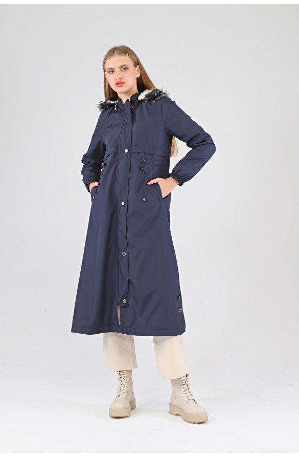 Kışlık Uzun Kadın Kürklü Kapüşonlu Trençkot - LACİVERT