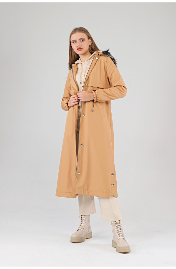 Kışlık Uzun Kadın Kürklü Kapüşonlu Trençkot - KAMEL