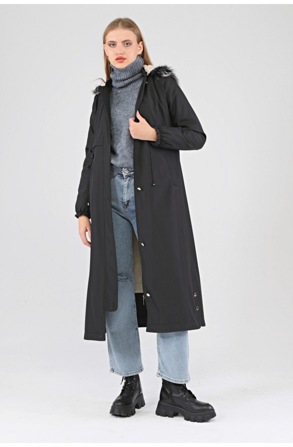 Kışlık Uzun Kadın Kürklü Kapüşonlu Trençkot - SİYAH