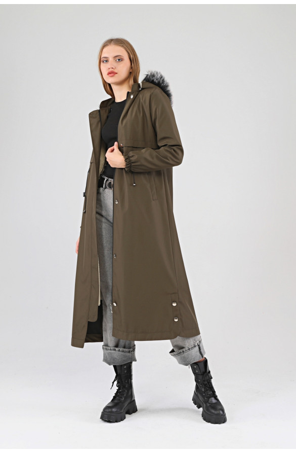 Kışlık Uzun Kadın Kürklü Kapüşonlu Trençkot - HAKİ