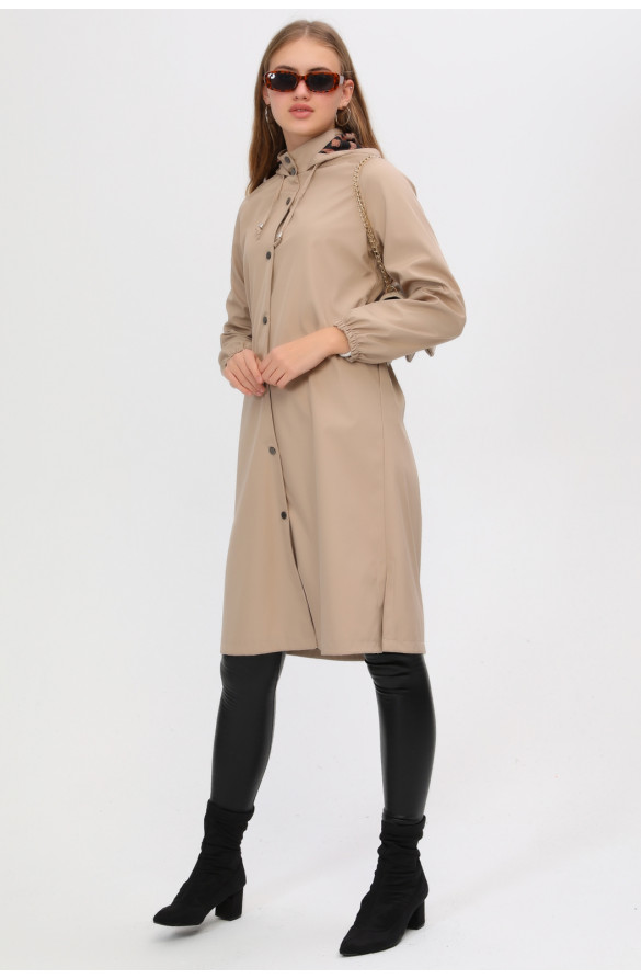 Kadın Spor Kapüşonlu Trençkot - BEJ