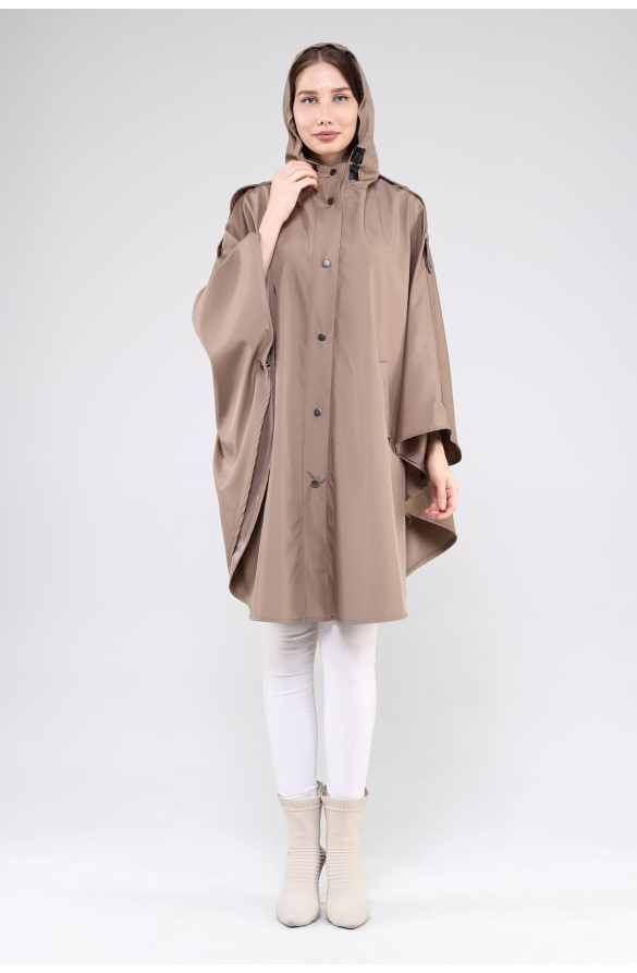 JAMİLA OVERSİZE KAPÜŞONLU MEVSİMLİK PANÇO - VİZON