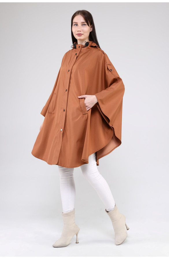 JAMİLA OVERSİZE KAPÜŞONLU MEVSİMLİK PANÇO - KİREMİT