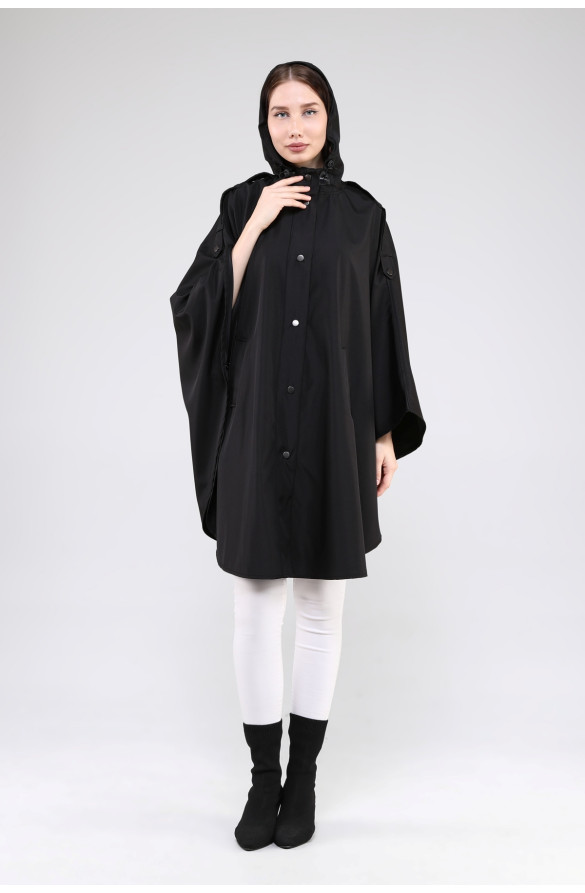 JAMİLA OVERSİZE KAPÜŞONLU MEVSİMLİK PANÇO - SİYAH