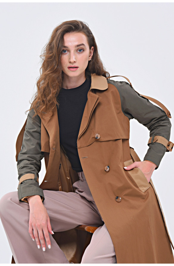 ÜÇ RENKLİ UZUN MEVSİMLİK ASTARLI TRENÇKOT/KAP - TABA